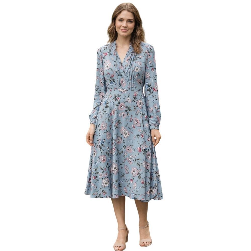 Nanette Lepore Floral Midi Dress Size 10 Blue Long Sleeve Romantic Cottagecore